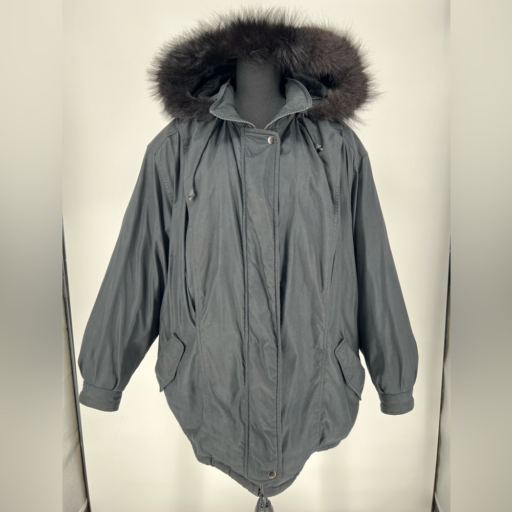 J. G. HOOK DOWN FILLED BLACK FAUX FUR HOODED PARKA VINTAGE STYLE